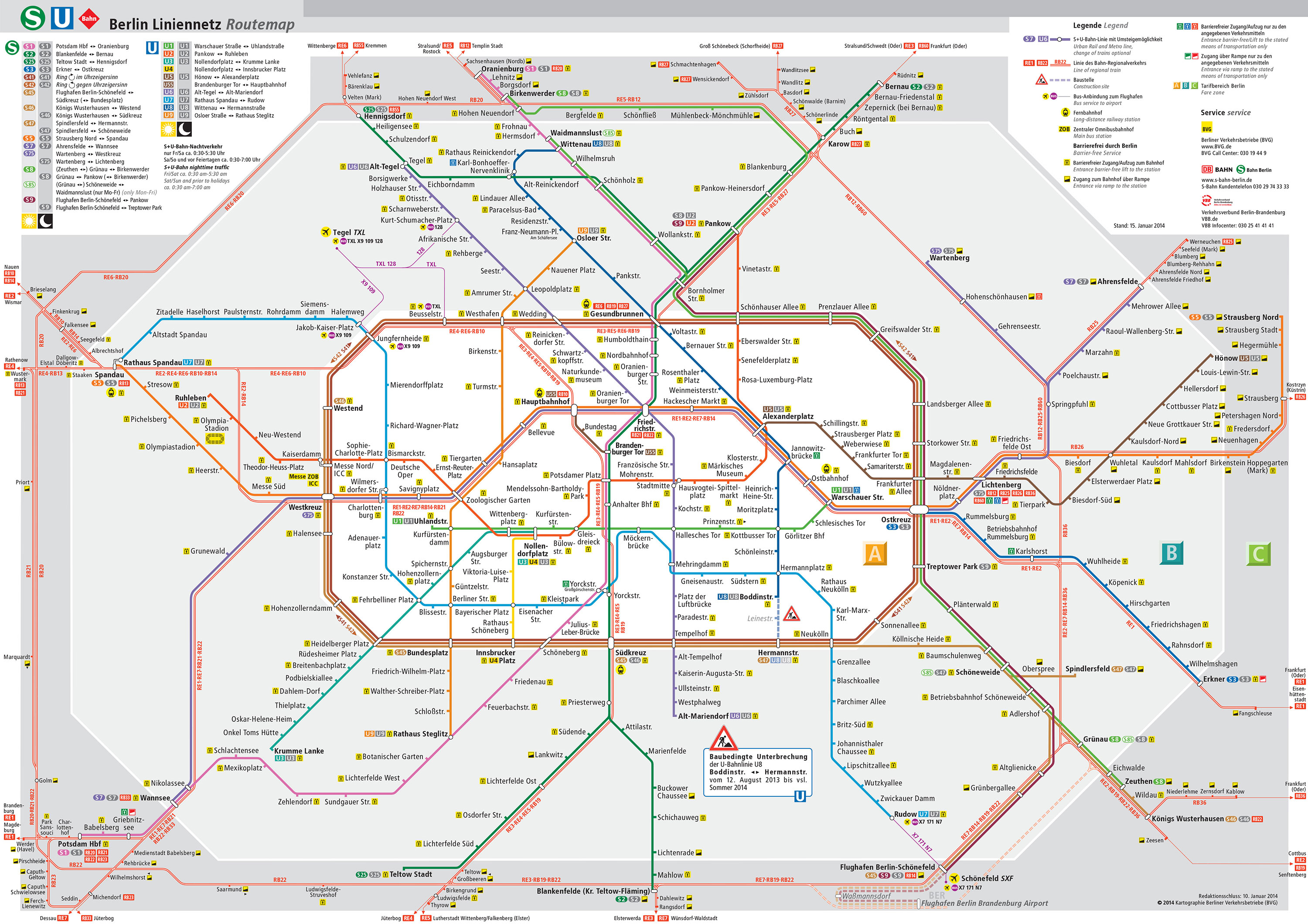 Mapa y plano de tren urbano (s bahn) de Berlín